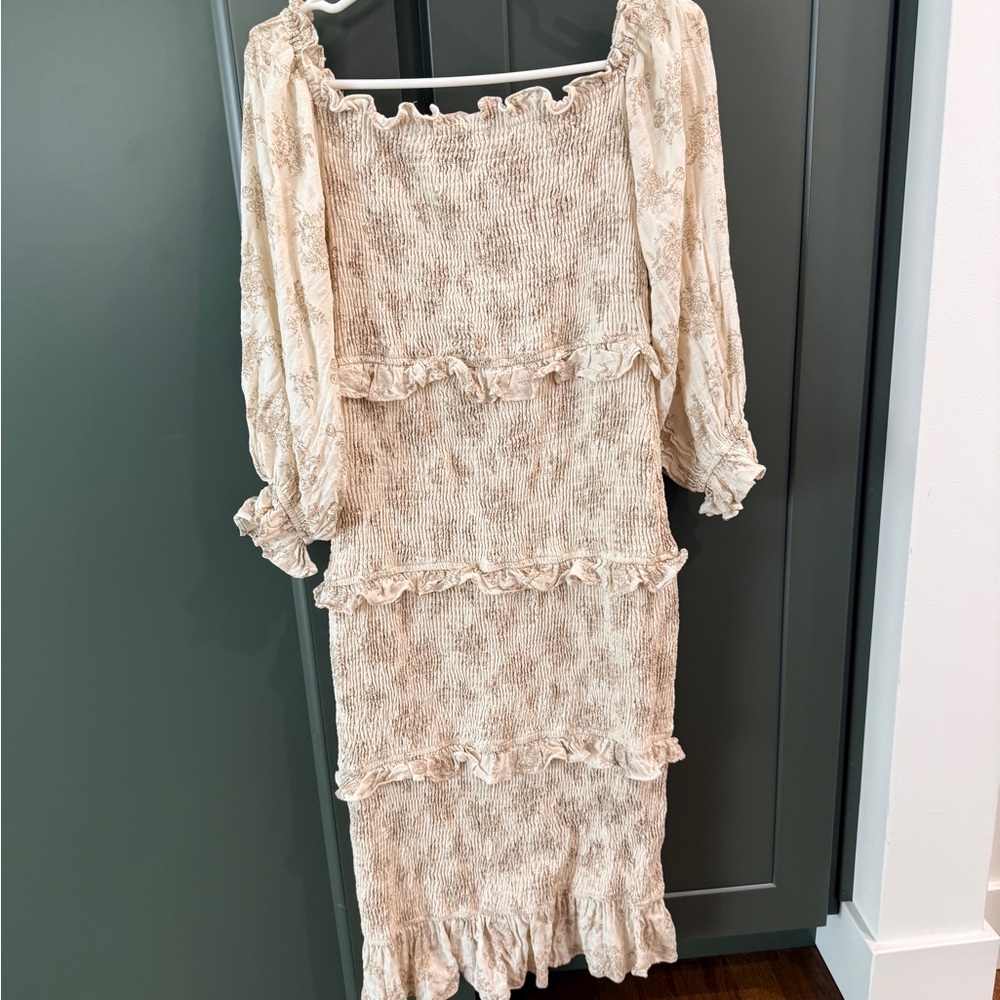 Smocked Beige Midi Dress with Ruffle Tiers and Puff Sleeves